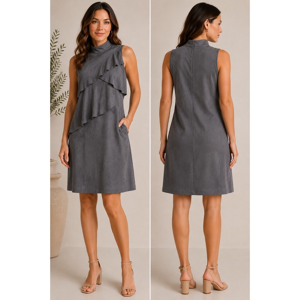 Mud Pie Gray Faux Suede‎ Ruffle Tiered Mock Neck Sheath Dress Womens Medium